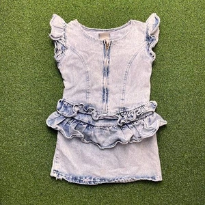 Vintage 90s Y2K Mckids Acid Wash Denim Girls Ruffle Detail Dress Sz 5 - Picture 1 of 4