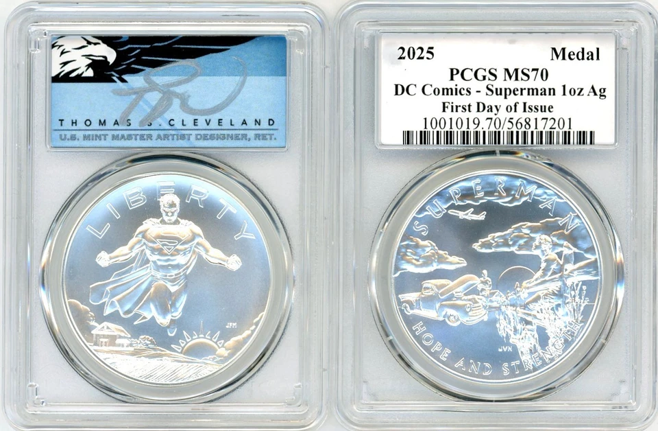 2025 1oz Superman Silver Medal MS70 PCGS FDOI T. Cleveland blue eagle - Image 1 of 2