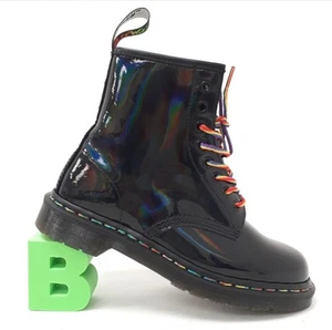 Dr Martens Black 1460 AirWair Patent 8 Eye Rainbow Boots UK Size 6 New In Box - Picture 1 of 16