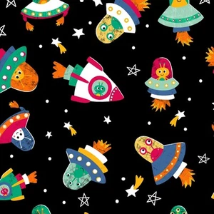 Glow in the Dark Aliens 44" fabric by Clothworks, Blast off! Y4387-3, cotton - Picture 1 of 1