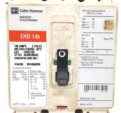 Disjoncteur Cutler Hammer EHD3100 100 Ampères 480 Volts 3 Pôles 14K - Photo 1/4