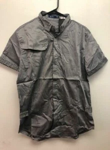 DOUBLJU MEN'S ROLL UP SHORT SLEEVE SHIRT WITH CHECK PATCH, GRAY,LARGE - Picture 1 of 2