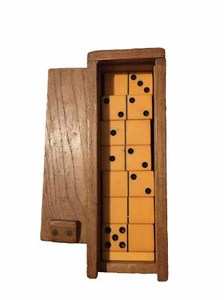 Butterscotch BAKELITE Dominoes Complete 28 Case 2" Tiles In Handmade Wood Box - Picture 1 of 2