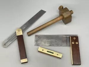 Vintage Wood & Brass Try Square Sliding Bevel Spirit Level Mortice Scribe Tool 2 - Picture 1 of 13