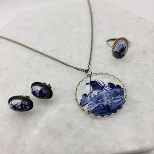 Vintage Delft Holland Windmill Jewelry Set Necklace Earrings Ring - Picture 1 of 7