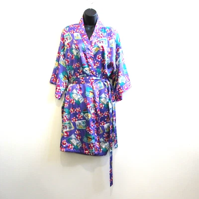 Go Softly Robe Womens Size 1X Satin Purple Floral Cruise Travel Kimono Sleeve - Image 1 of 4