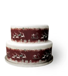 A4 Edible Decor Icing Sheet Christmas Red Santa Reindeer Sleigh Ribbon Border  - Picture 1 of 2