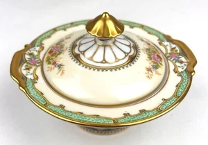Antique Noritake Carola N CAR Green Gilded Floral Gold Sugar Small Covered - Picture 1 of 10