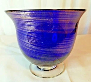Gold Swirl Glass Pedestal Bowl 6.5" x 7" Round Blue Swirl 5" Deep THICK - Picture 1 of 12