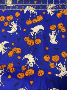 HALLOWEEN Blue with Ghosts & Pumpkins Cotton FABRIC  44" X 1  yard BTY - Picture 1 of 1