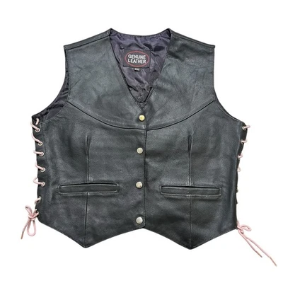 Chaleco de motociclista de cuero de colección con cordones ajustables delanteros a presión negro sin mangas talla 2XL  Foto 1 de 4