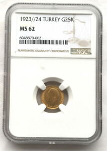 Turkey 1924 Ismet Inonu 25 Kurush NGC MS62 Gold Coin,UNC