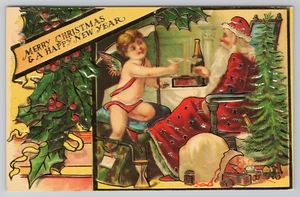 REPRINT Cherub Angel Champagne Santa Happy New Year Merry Christmas Postcard - Picture 1 of 6