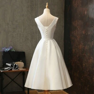 Short Wedding Dresses Satin V Neck Tea Length Sleeveless Elegant Bridal Gowns - Picture 1 of 8