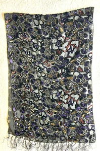 Silk Velvet Burnout Scarf Roses Silver Red Black Fringe 20" x 62" - Picture 1 of 9