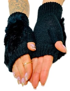 Fingerlose Damenhandschuhe, Kunstpelzmanschetten, Handwärmer,Mitenki - Bild 1 von 3