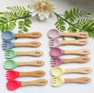 Personalised silicone cutlery set, baby cutlery, fork and spoon set, baby gift - Picture 1 of 6