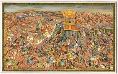 Indien Peinture Miniature De Bataille Haldighati Art On en Bois Plaque 33x20.3cm - Photo 1/4