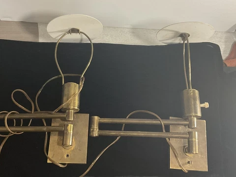 Vintage MCM Hansen Metalarte Swing Arm Brass Wall Sconces Pair W/ Reflectors Cover
