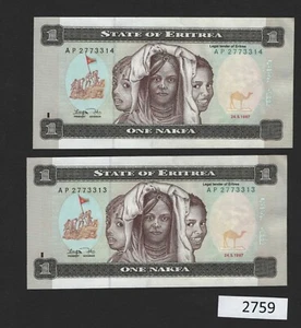 (BN-2759) Eritrea P-1 UNC, 1 Nakafa, 1997, erste Banknote, aufeinanderfolgendes Paar - Bild 1 von 1