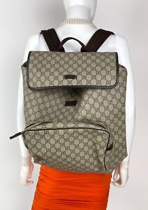 Gucci Auth GG Supreme Brown Large Backpack Front Pocket Zip Flap Drawstring