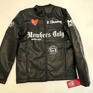 Chaqueta de cuero sintético negra Members Only x Keith Haring RARA para hombre talla mediana - Imagen 1 de 4