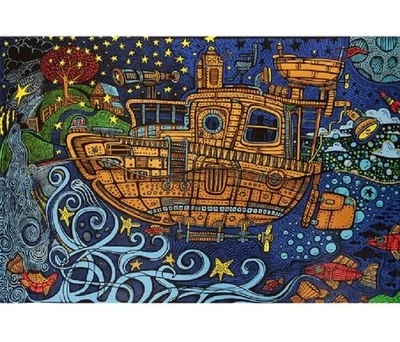New 45x30 Steampunk Tugboat Tapestry Psychedelic Wall Hanging Decor Ocean Floor - Image 1 of 2