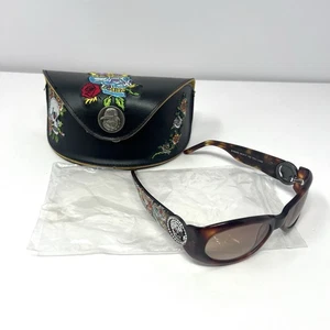 Gafas de sol de colección Ed Hardy EHS-032 marco tortuga tachonado calavera brillante con estuche Y2K - Imagen 1 de 13