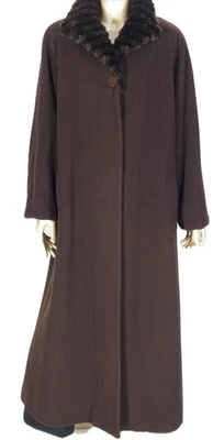 JONES NEW YORK~MINT!!~BROWN WOOL CASHMERE FAUX FUR COLLAR LONG OVERCOAT 14 USA - Image 1 of 4