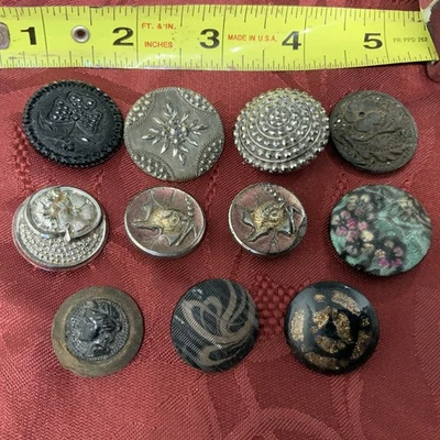Antique Black Glass Buttons Lacy Silver Luster Iridescent Luster - Image 1 of 3