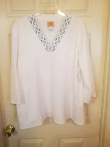 Ruby Rd Top Blouse 1X Pacific Muse White Blue Gold Embroidery 3/4 Sleeve ALine - Picture 1 of 11