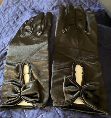 Black Satin Dress Gloves Womens, Seed Beading -With Bow And Cut Out, Size Medium - Image 1 of 4