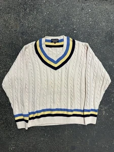 Brooks Brothers Cable Knit V Neck Sweater Tennis Preppy Mens Medium Cotton Cream - Picture 1 of 9