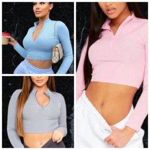 Brandneu mit Etikett Missy Empire Amaka Langarm geripptes bauchfreies Oberteil mit Reißverschluss - Bild 1 von 7