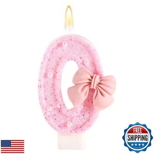 Pink Bow Birthday Candle, Shiny Bow Pearl Sequins Happy Birthday Number Candl - Picture 1 of 5