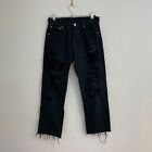 Womens Levis 501 Denim Jeans W30 L34 Black Ripped Distressed Cropped Frayed Edge