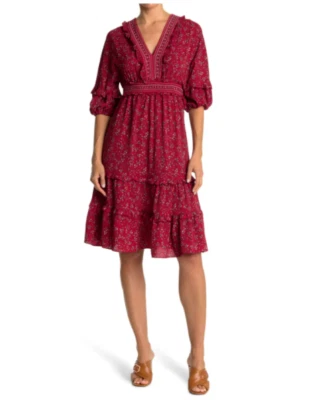 MAX STUDIO Red Floral V-Neck Smocked Empire 3/4 Sleeve Cocktail Dress M = 8/10 - Image 1 of 4