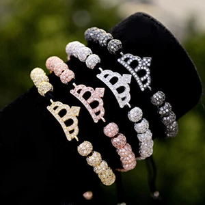 Luxury King Queen Clear Zircon King Crown 6mm Balls Adjustable Bracelet Free Bag - Picture 1 of 34