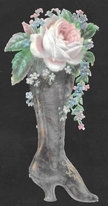 Antique Victorian Die Cut Paper Embossed Ladies Boot with Flowers - Picture 1 of 2
