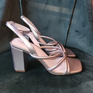 NWT Naked Feet size 7.5 Silver Mood 3inch block heel sandal  $119 Retail - Picture 1 of 6