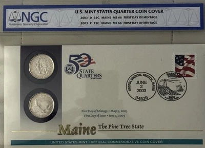 2003 P&D Maine Quarter Coin Cover NGC MS64/MS66 FDOI - Image 1 of 2
