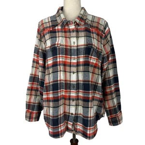 Lucky Brand Flannel Shirt Women XL Orange Navy Plaid Studded Western Long Sleeve - Picture 1 of 14