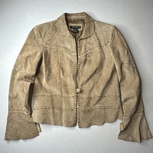 Clothes by Revue Beige Suede M Jacket Blazer Boho Over stitch Accent One Button - Picture 1 of 10