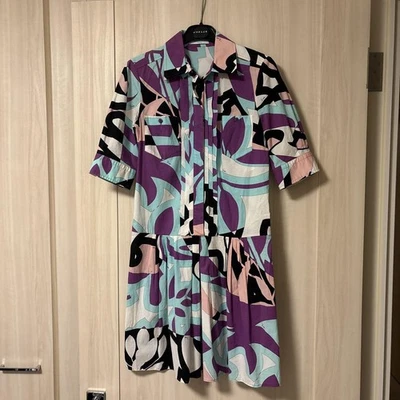 Emilio Pucci Cotton Blend Short Sleeve Dress Purple S Pleated Knee Length - Image 1 of 4