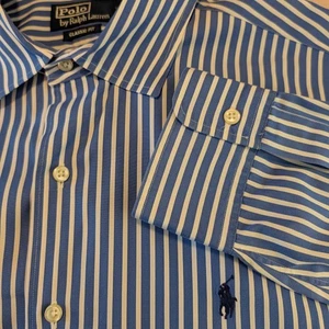 Vintage Polo Ralph Lauren Herren XL Langarm Hemd mit Knopfleiste blau weiß gestreift Pony - Bild 1 von 9