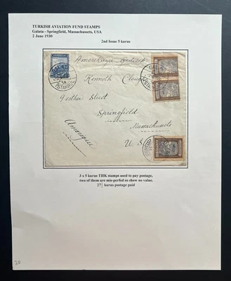 1930 Turkey Cover To US 15k Turkish Aviation Funds Error Misperf, Galata-Spring - Image 1 of 2