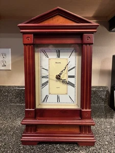Bulova Quartz Westminster Chime Clock Mantle Cherry Wood Column Clock Battery - Picture 1 of 9