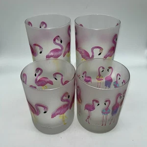 Culver Pink Flamingo Birds Rocks Glasses Frosted Satin Set Of 4 Barware Signed - Picture 1 of 16