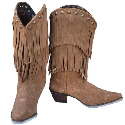 Durango 女式棕色麂皮绒条纹西部靴 US 6 M 铆钉牛仔风格 — 第 1/4 张图片