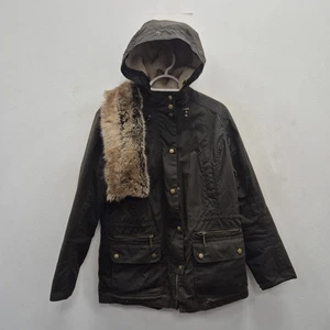 Barbour Kelsall impermeabile cera pelliccia cappuccio oliva pioggia giacca parka taglia UK 14 - Foto 1 di 9